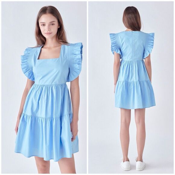English Factory Square Neck Ruffle Smocked Detail Midi Dress Blue Size Small - Picture 1 of 10